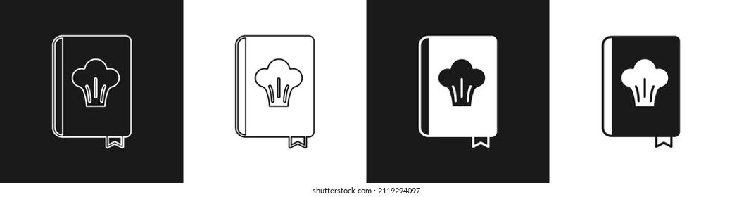 Set Cookbook icon isolated on black and white background. Cooking book icon. Recipe book. Fork and knife icons. Cutlery symbol.  Vector