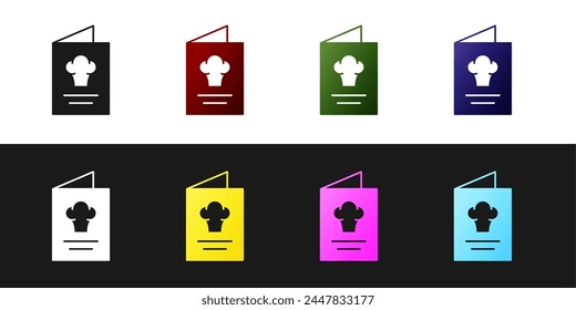 Set Cookbook icon isolated on black and white background. Cooking book icon. Recipe book. Fork and knife icons. Cutlery symbol.  Vector