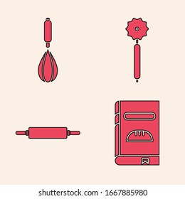Set Cookbook , Kitchen whisk , Pizza knife  and Rolling pin  icon. Vector