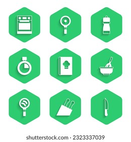 Set Cookbook, Knife, Kitchen whisk with bowl, Frying pan, Stopwatch, Pepper and Oven icon. Vector