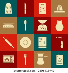Set Cookbook, Long electric lighter, Salt and pepper, Cutting board, Spoon, Electronic scales, Grater and Scales icon. Vector