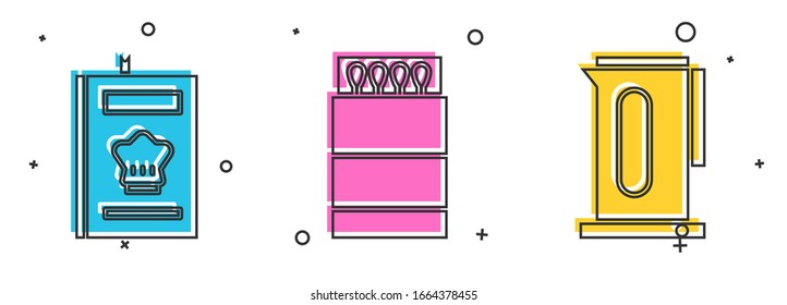 Set Cookbook, Open matchbox and matches and Kettle with handle icon. Vector