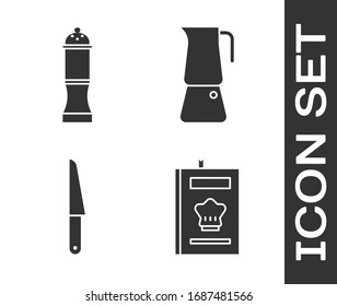 Set Cookbook, Pepper, Knife and Moka pot icon. Vector