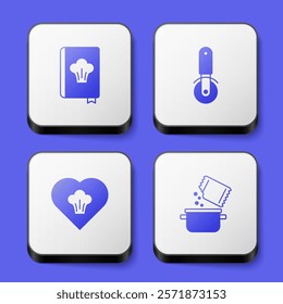 Set Cookbook, Pizza knife, Chef hat and Cooking pot and spice icon. White square button. Vector