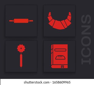 Set Cookbook , Rolling pin , Croissant  and Pizza knife  icon. Vector