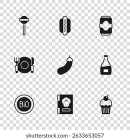 Set Cookbook, Sauce bottle, Muffin, Eggplant, Soda can, Lollipop, Hotdog and Plate, fork and knife icon. Vector