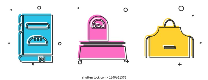 Set Cookbook , Scales  and Kitchen apron  icon. Vector