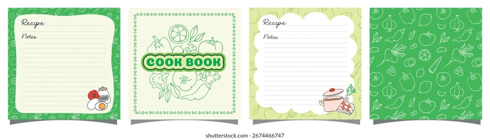 set of cookbook square template blanks with seamless pattern, reminder, menu, notes, doodle, hand drawn, vector