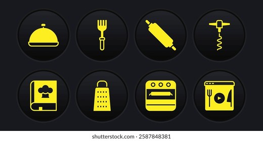 Set Cookbook, Wine corkscrew, Grater, Oven, Rolling pin, Fork, Cooking live streaming and Covered with tray of food icon. Vector