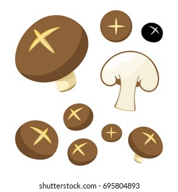 Set Of Cooked Brown Chinese Shiitake Mushroom Vegetarian Food Symbol Icon In Flat Style Including Half, Cut, Pieces, Silhouette. Vector Illustration