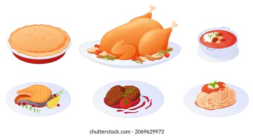 Gekochte Speisen zum Frühstück, Mittag- und Abendessen. Köstliche, attraktive Gerichte stehen zur Verfügung. Vektorgrafik auf weißem Hintergrund