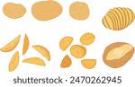 Set of cooked potatoes. Hand drawn vector illustration. French fries, roasted potato, baked potato, hasselback potato.