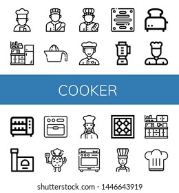 Set of cooker icons such as Cooker, Kitchen, Chef, Juicer, Baker, Extractor, Blender, Toaster, Stove, Oven, Chef hat , cooker