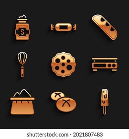 Set Cookie or biscuit, Bread loaf, Ice cream, Electronic scales, Bag of flour, Kitchen whisk, French baguette bread and Jar sugar icon. Vector