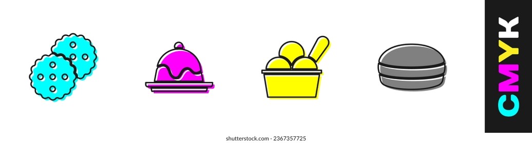 Set Cookie or biscuit, Cake, Ice cream in bowl and Macaron cookie icon. Vector