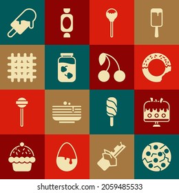 Set Cookie or biscuit, Cake on plate, Donut, Lollipop, Strawberry jam jar, Cracker, Ice cream and Cherry icon. Vector