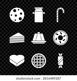 Set Cookie or biscuit, Can container for milk, Christmas candy cane, Candy heart shaped box, Homemade pie, Cake and Pudding custard icon. Vector