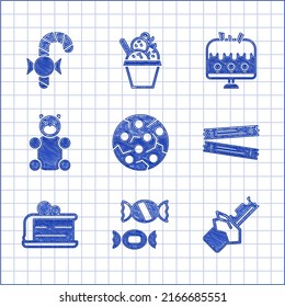 Set Cookie or biscuit, Candy, Bitten chocolate bar, Sugar stick packets, Piece of cake, Jelly bear candy, Cake on plate and Christmas cane icon. Vector