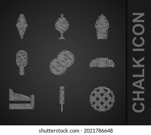 Ponga galletas, dulces, tarta casera, croissant, trozo de tarta, helado, en cono de gofre e icono. Vector