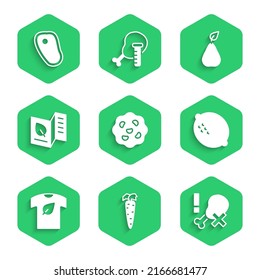 Set Cookie or biscuit, Carrot, No chicken leg, Lemon, Vegan shirt, Vegetarian food menu, Pear and Steak meat icon. Vector