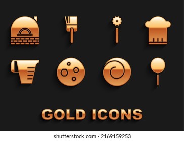 Set Cookie or biscuit with chocolate, Chef hat, Frying pan, Roll bun cinnamon, Measuring cup, Pizza knife, Brick stove and Kitchen brush icon. Vector