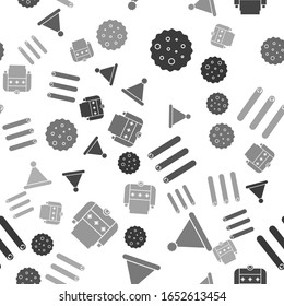 Set Cookie or biscuit with chocolate, Christmas Santa Claus hat, Three rolled sticks of cinnamon and Christmas sweater on seamless pattern. Vector