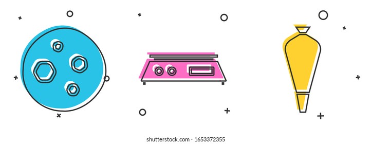Set Cookie or biscuit with chocolate , Electronic scales  and Pastry bag for decorate cakes icon. Vector