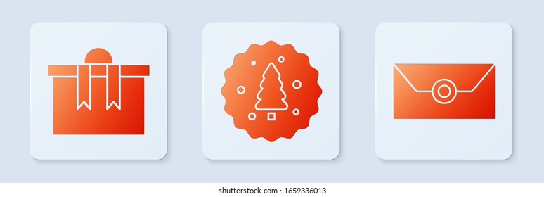 Set Cookie or biscuit with chocolate, Gift box and Envelope with christmas party invitation card. White square button. Vector