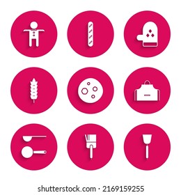 Set Cookie or biscuit with chocolate, Kitchen brush, Spatula, apron, Measuring spoon, Cereals rice, wheat, corn, oats, rye, Oven glove and Holiday gingerbread man cookie icon. Vector