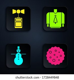 Set Cookie or biscuit with chocolate, Price tag with an inscription Sale, Christmas snowman and Christmas sweater. Black square button. Vector