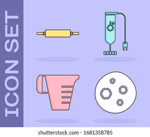 Set Cookie or biscuit with chocolate , Rolling pin , Measuring cup and Blender  icon. Vector