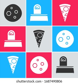 Set Cookie or biscuit with chocolate , Scales  and Slice of pizza  icon. Vector