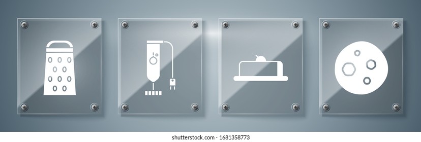 Set Cookie or biscuit with chocolate , Strawberry cheesecake slice, Blender  and Grater . Square glass panels. Vector