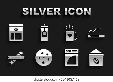 Ponga galleta o galleta, cigarrillo, bolsa de habas de café, filtro de papel de café, paquetes de bastón de azúcar, taza y corazón, e icono de prensa francesa. Vector