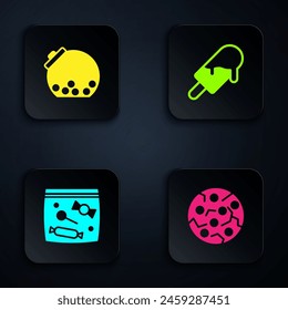 Set Cookie or biscuit, Glass jar with candies inside, Candy packaging for sweets and Ice cream. Black square button. Vector