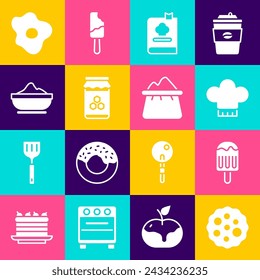 Set Cookie or biscuit, Ice cream, Chef hat, Cookbook, Jar of honey, Flour bowl, Scrambled eggs and Bag flour icon. Vector