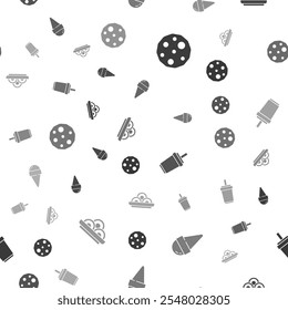 Set Cookie or biscuit, Ice cream in waffle cone, Paper glass with straw and Asian noodles bowl on seamless pattern. Vector