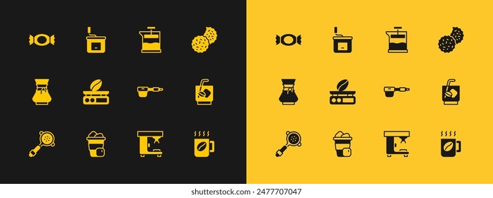 Set Cookie or biscuit, Iced coffee, Coffee filter holder, machine, Electronic scales, French press, Candy and Manual grinder icon. Vector