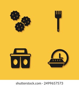Set Cookie or biscuit, Round the clock delivery, Coffee cup to go and Fork icon with long shadow. Vector