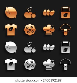 Set Cookie or biscuit, Shopping bag with recycle, Mushroom, Vegan food diet, shirt, Chicken egg, Lemon and Apple icon. Vector