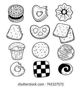 Set Of Cookie And Biscuit Sweet Pastry Snack Food With Doodle Art
