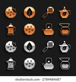 Set Cookie or biscuit, Teapot with leaf, Kettle handle, French press, strainer,  and  icon. Vector