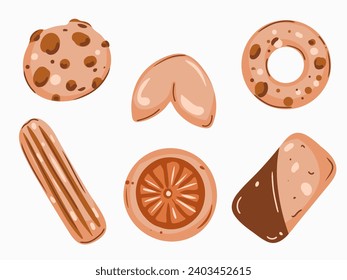 Set of cookie in cartoon style and minimalism. Almond cookies, orange cookies, fortune cookies, chocolate cookie