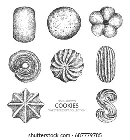 Set of cookie. Hand drawn collection with ink and pen. Vintage black and white illustration. Sweet and Baked vector element.