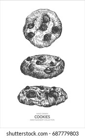 Set of cookie. Hand drawn collection with ink and pen. Vintage black and white illustration. Sweet and Baked vector element.