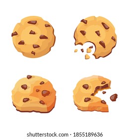 Set of cookie icons. Bitten traditional cookies with chocolate crisps isolated on white background for social media and web design. Vector illustration