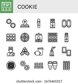 Set of cookie icons. Such as Ice cream, Cracker, Wafer, Cracknels, Cookie, Cookie jar, Cookies, Biscuit, Baker, Mistletoe, Croissant, Dessert, Bean toasting, Macaroons , icons