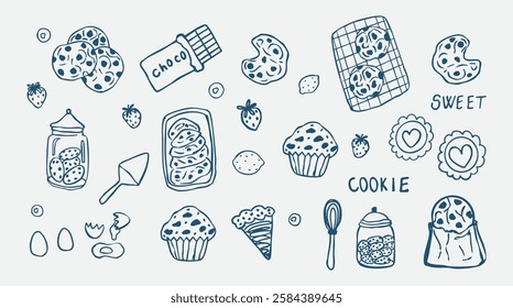 set of cookie jar muffin, sweets hand drawn cookie doodles. Vector illustration