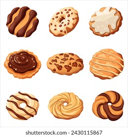 A set of cookies. Chocolate and vanilla cookies, confectionery. Vector illustration on a white background.