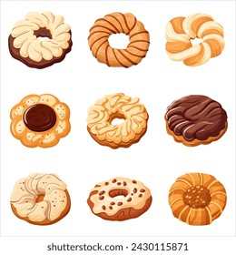 A set of cookies. Chocolate and vanilla cookies, confectionery. Vector illustration on a white background.